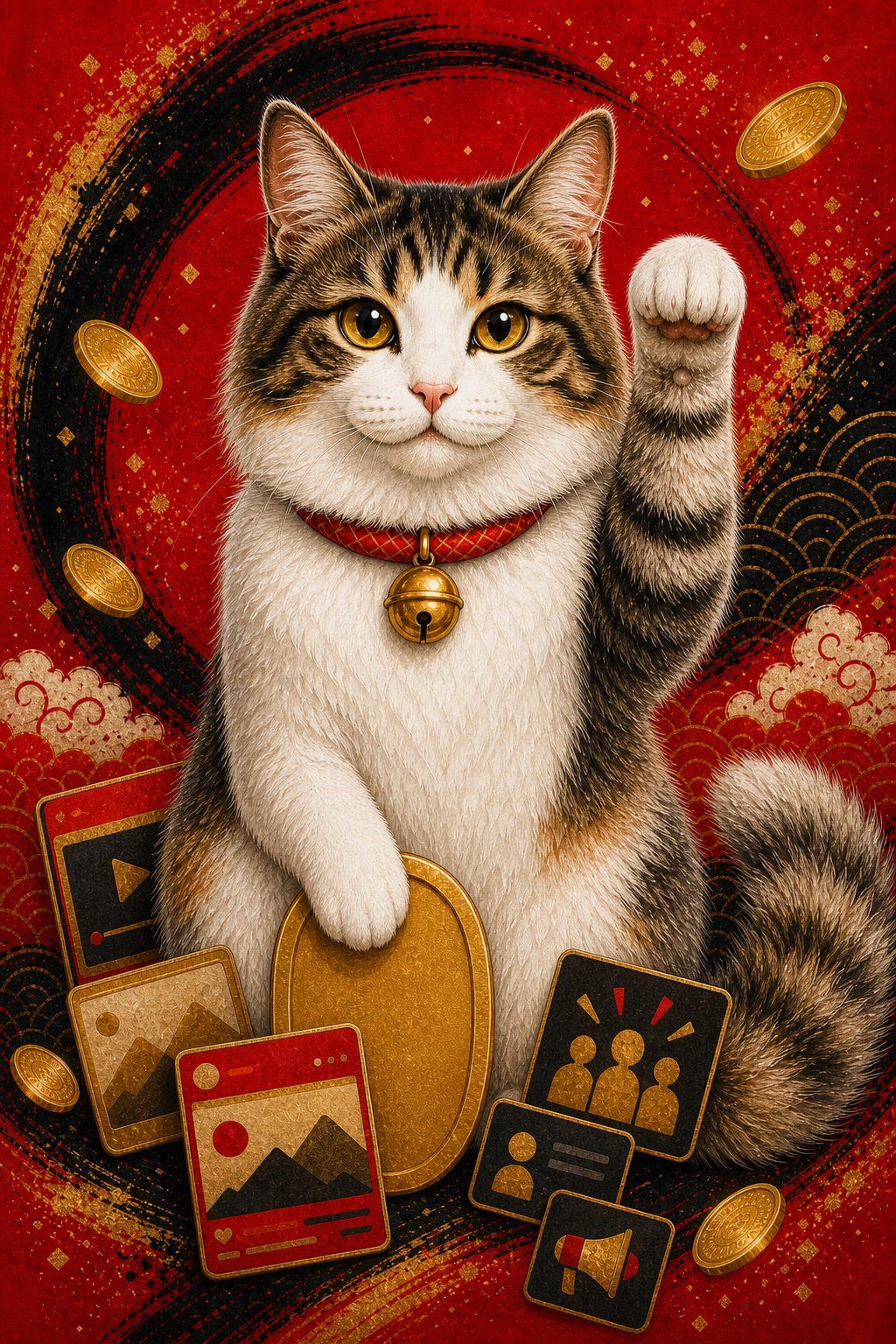 猫自身の左手を上げる白い縞まじりの長毛の招き猫イラスト