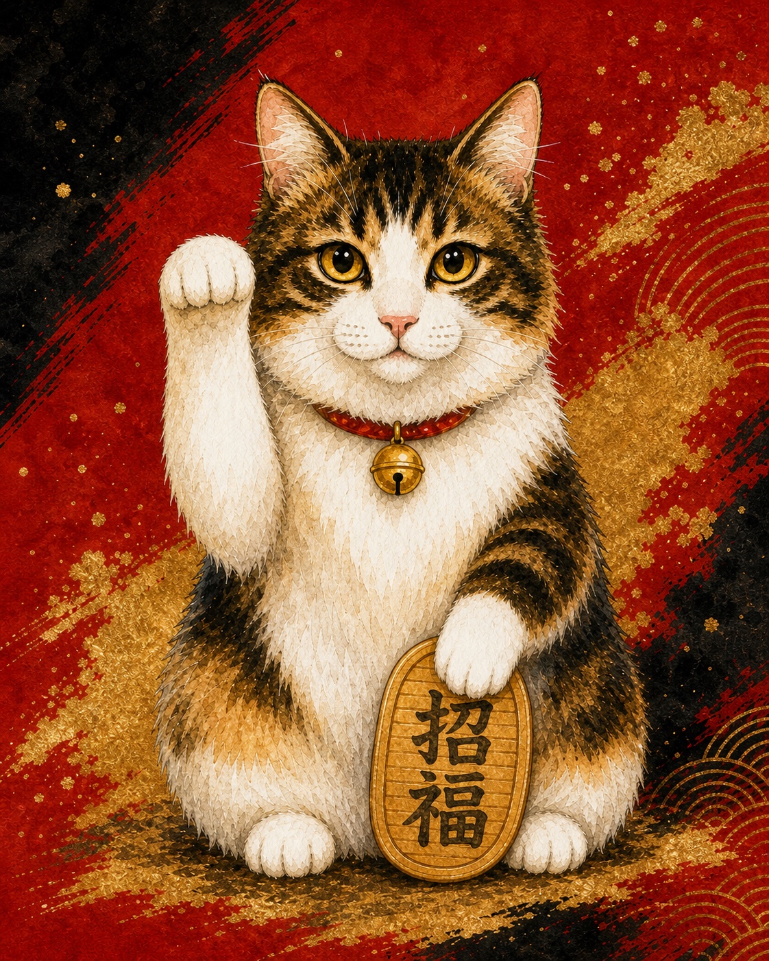 画面左側の手を上げた白い縞まじりの手描き水彩風の招き猫イラスト