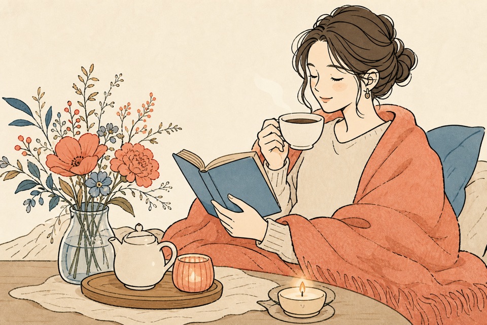 お茶と読書と小さな花を楽しむ人の手描きイラスト