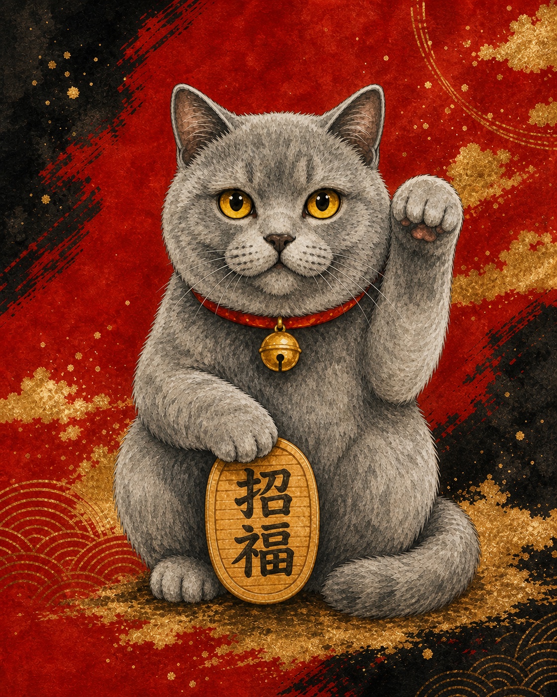 画面右側の手を上げたグレーの手描き水彩風の招き猫イラスト