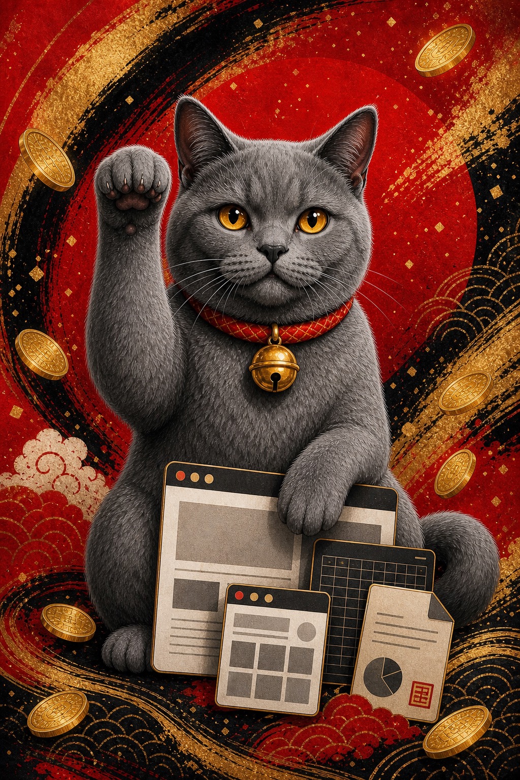 猫自身の右手を上げるグレーの招き猫イラスト